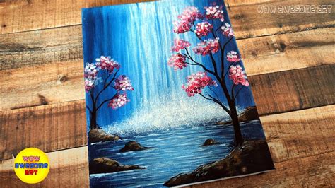 畫瀑布|(40)瀑布/用菜瓜布畫瀑布/waterfall/EasyAcrylicPaintingFor。